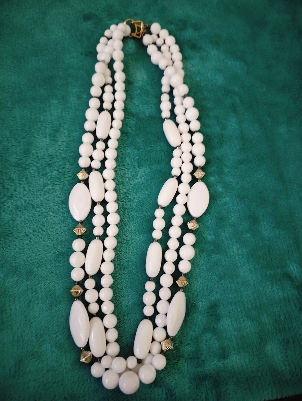 Vintage Mid-Century 3-Strand White Lucite & Acrylic Beaded Necklace | Gold-Tone
